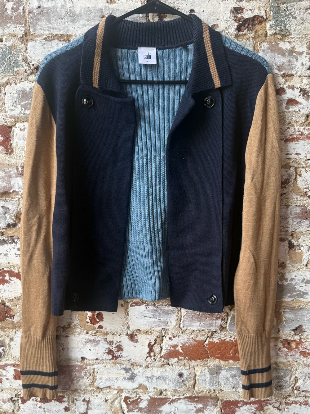 CAbi Navy, Tan & Light Blue Colorblock Knit Bomber